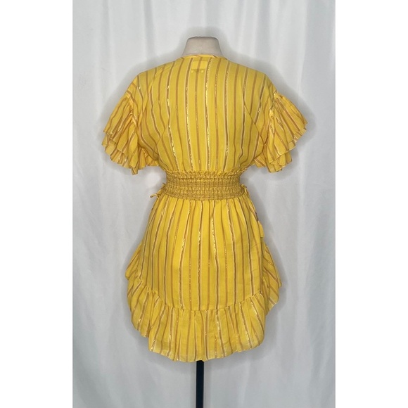 SAYLOR Yellow Metallic Striped Dress Fluttery Smocked Mini Gold Party Medium - Picture 9 of 13